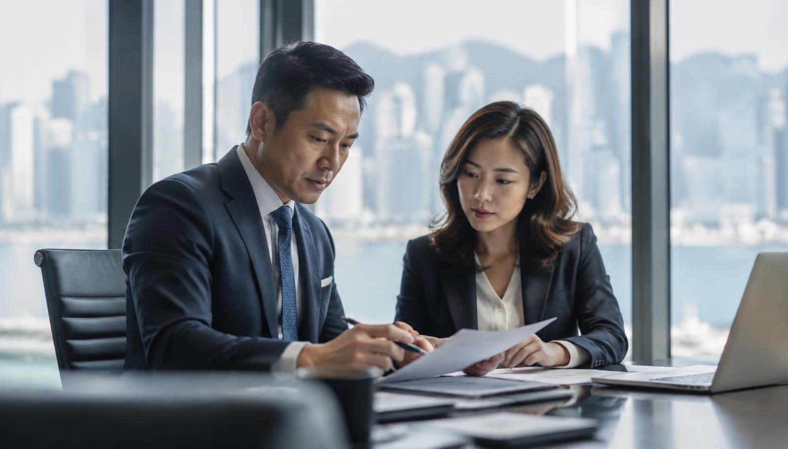 Insurance leaders reviewing plans in a modern Asian office